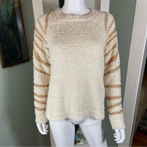 Mystree Soft Fuzzy Textured Cream Metallic Gold Tiger Striped Arms Sweater Small